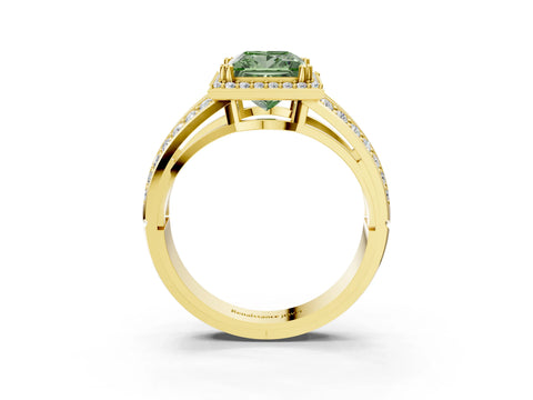 Yellow gold Fancy Green Princess Cut Diamond Halo Ring with Split Shank Pavé Band and Four-Prong Setting_3