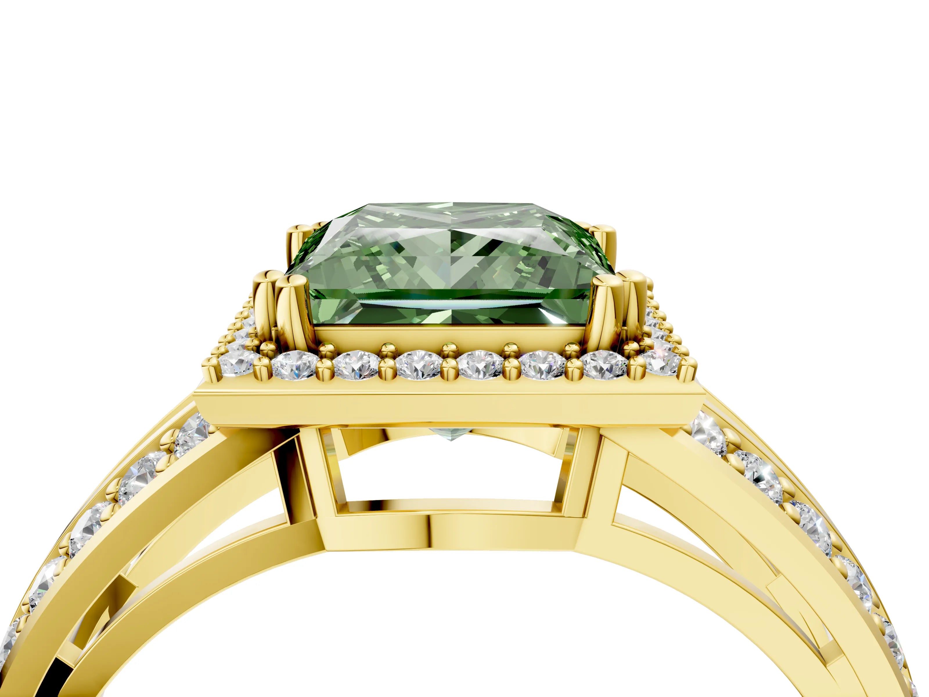Yellow gold Fancy Green Princess Cut Diamond Halo Ring with Split Shank Pavé Band and Four-Prong Setting_4
