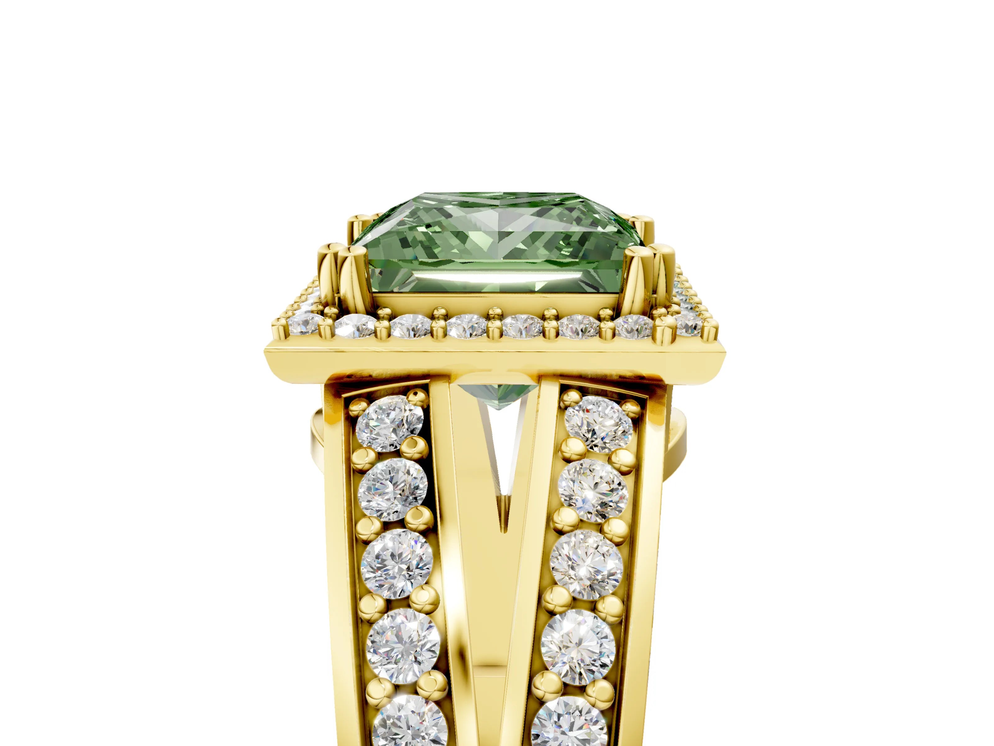 Yellow gold Fancy Green Princess Cut Diamond Halo Ring with Split Shank Pavé Band and Four-Prong Setting_5