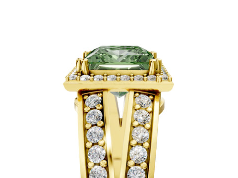 Yellow gold Fancy Green Princess Cut Diamond Halo Ring with Split Shank Pavé Band and Four-Prong Setting_5