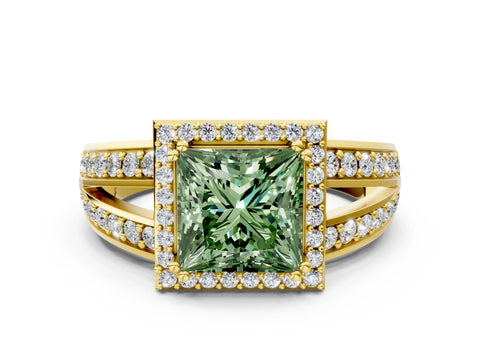 Yellow gold Fancy Green Princess Cut Diamond Halo Ring with Split Shank Pavé Band and Four-Prong Setting