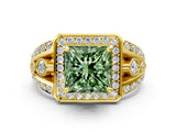 Yellow gold Fancy Green Princess Cut Diamond Halo Ring with Split Shank and Bezel Accents and Four-Prong Setting