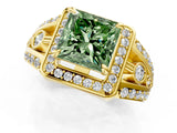 Yellow gold Fancy Green Princess Cut Diamond Halo Ring with Split Shank and Bezel Accents and Four-Prong Setting_1