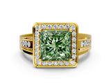 Yellow gold Fancy Green Princess Cut Diamond Halo Ring with Split Shank and Bezel Accents and Prong Setting
