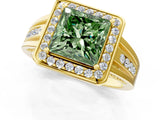 Yellow gold Fancy Green Princess Cut Diamond Halo Ring with Split Shank and Bezel Accents and Prong Setting_1