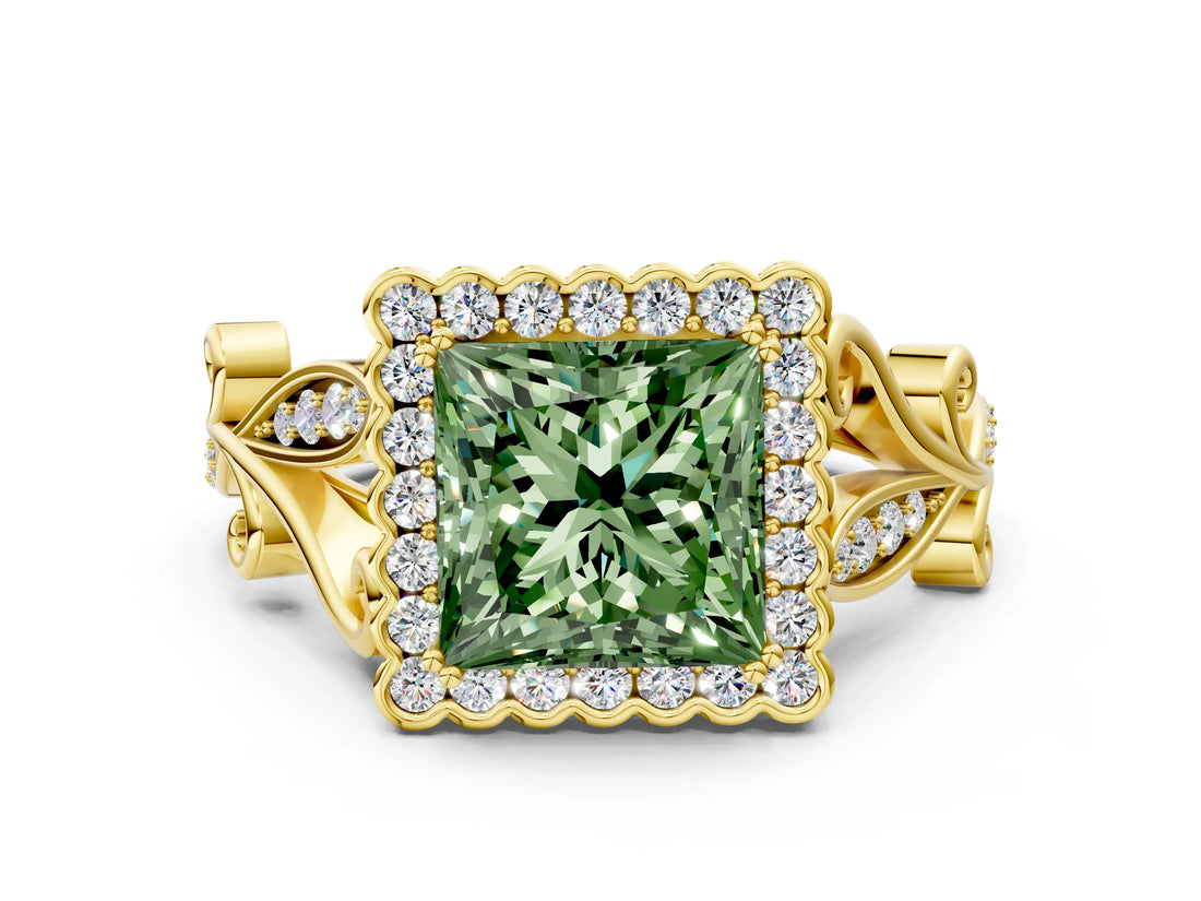 Yellow gold Fancy Green Princess Cut Diamond Halo Ring with Vintage Split Shank and Four-Prong Setting_29