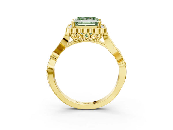 Yellow Gold Princess Cut Graduated Leaf Halo Engagement Ring Setting for Fancy Green Center