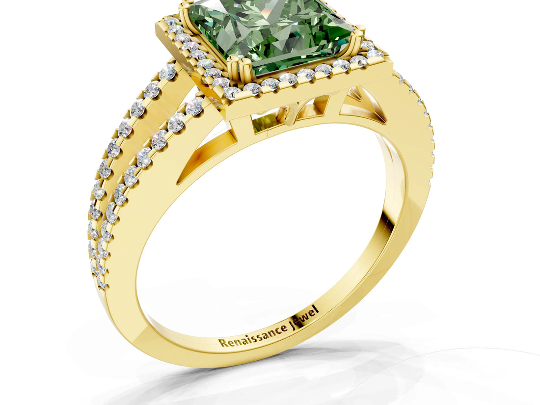 Yellow gold Fancy Green Princess Cut Diamond Halo Split Shank Engagement Ring_39