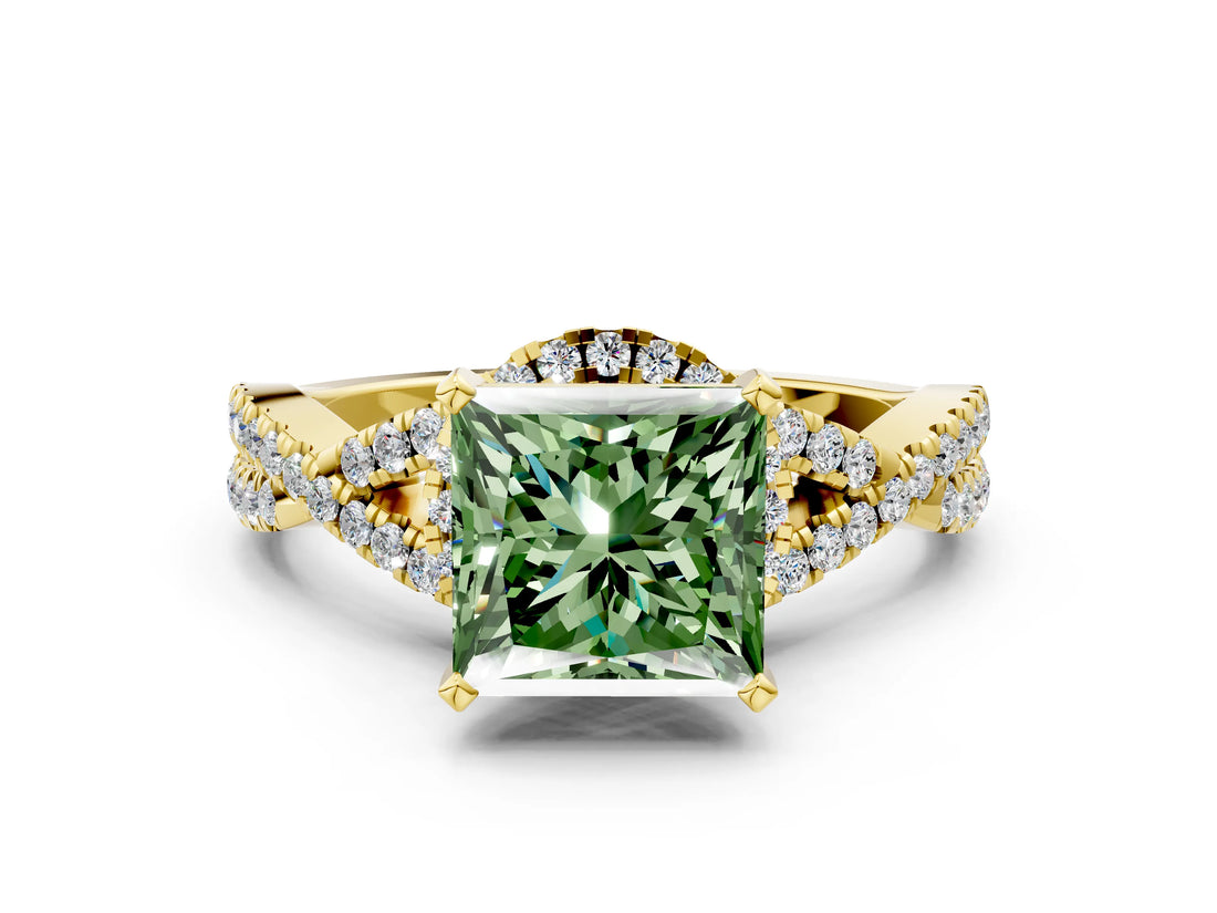 Yellow gold Fancy Green Princess Cut Diamond  Halo Twist Band Solitaire Prong Setting Ring_54