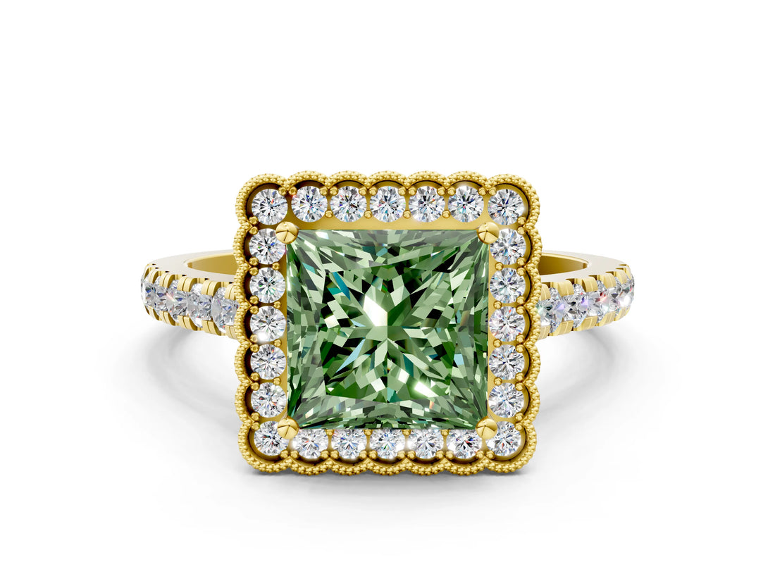 Yellow gold Fancy Green Princess  Cut Diamond Milgrain Floral Halo Engagement Ring with Pavé Band_15