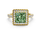 Yellow gold Fancy Green Princess  Cut Diamond Milgrain Floral Halo Engagement Ring with Pavé Band_15