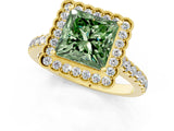 Yellow gold Fancy Green Princess  Cut Diamond Milgrain Floral Halo Engagement Ring with Pavé Band_16