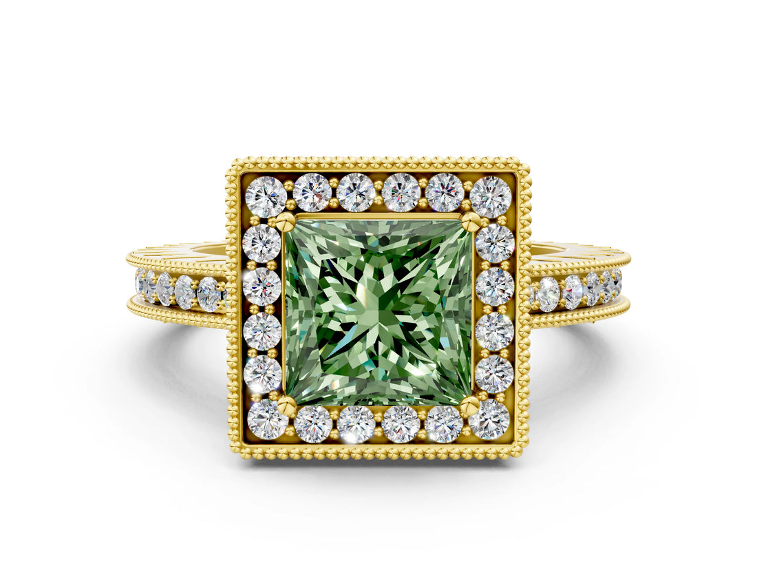 Yellow gold Fancy Green Princess Cut Diamond Milgrain Halo Engagement Ring with Round Pavé Band and Prong Setting_12
