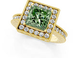 Yellow gold Fancy Green Princess Cut Diamond Milgrain Halo Engagement Ring with Round Pavé Band and Prong Setting_13