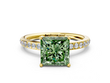 Yellow gold Fancy Green Princess  Cut Diamond Pavé Band Ring with Four-Prong Setting