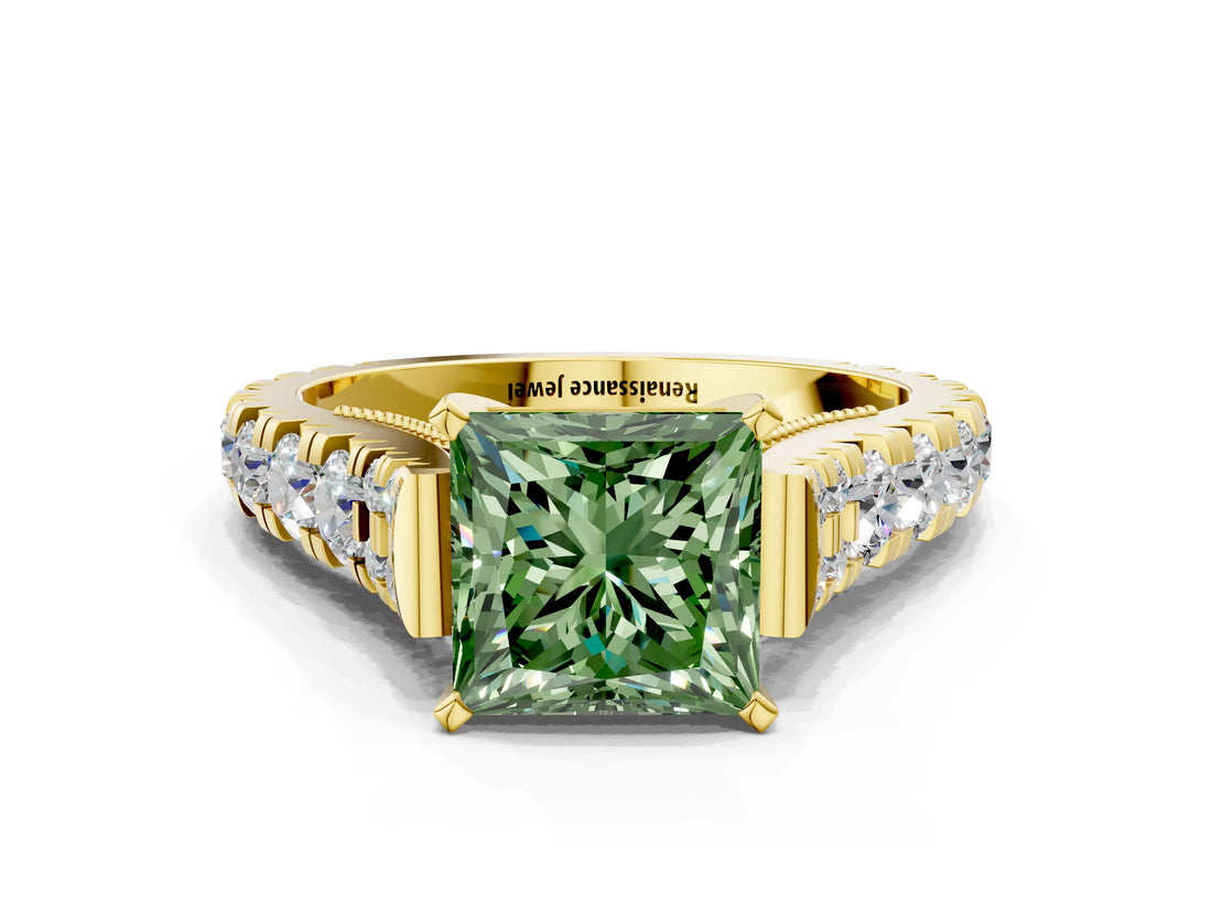 Yellow gold Fancy Green Princess  Cut Diamond Pavé Band Solitaire with Four-Prong Setting_15