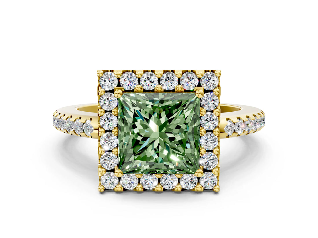 Yellow gold Fancy Green Princess Cut Diamond Pavé Halo Ring with Four-Prong Setting_17