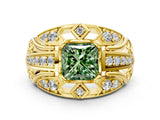 Yellow gold Fancy Green Princess Cut Diamond Pave Art Deco Split Shank Ring with Four-Prong Setting