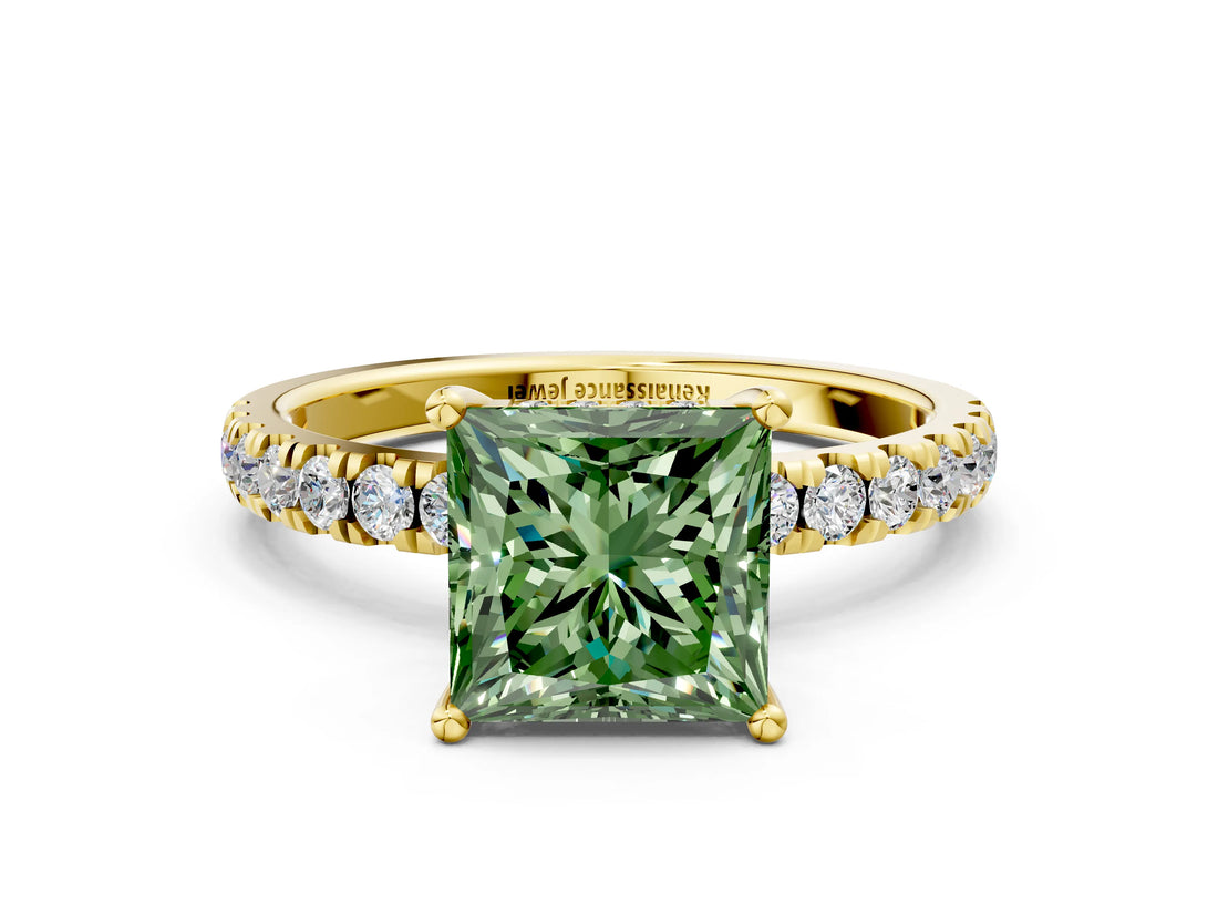 Yellow gold Fancy Green Princess Cut Diamond Pave Band Solitaire Ring with Four-Prong Setting_17