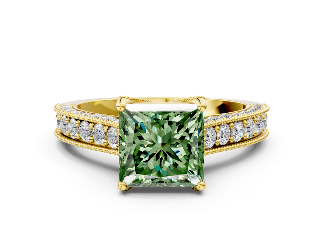 Yellow gold Fancy Green Princess  Cut Diamond Pave Band with Four-Prong Setting