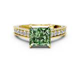 Yellow gold Fancy Green Princess  Cut Diamond Pave Band with Four-Prong Setting
