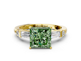 Yellow gold Fancy Green Princess  Cut Diamond Ring with Baguette Side Stones, Channel Set Band, and Four-Prong Setting
