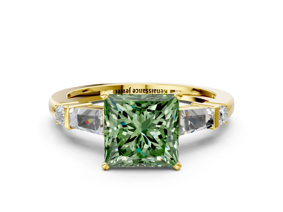 Yellow gold Fancy Green Princess  Cut Diamond Ring with Baguette Side Stones, Channel Set Band, and Four-Prong Setting_24