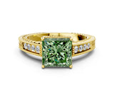 Yellow gold Fancy Green Princess Cut Diamond Ring with Milgrain Pavé Band and Four-Prong Setting_20