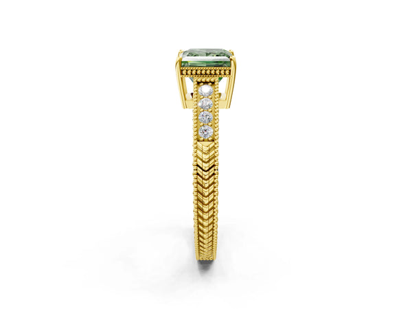 Yellow gold Fancy Green Princess Cut Diamond Ring with Milgrain Pavé Band and Four-Prong Setting