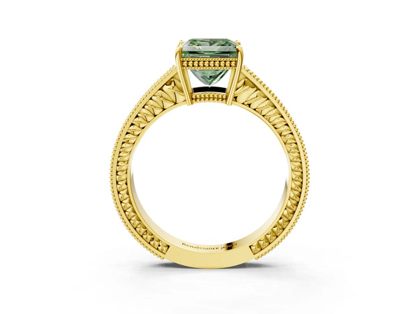 Yellow gold Fancy Green Princess Cut Diamond Ring with Milgrain Pavé Band and Four-Prong Setting
