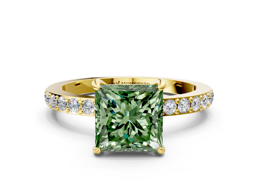 Yellow gold Fancy Green Princess  Cut Diamond Ring with Pavé Band and Four-Prong Setting