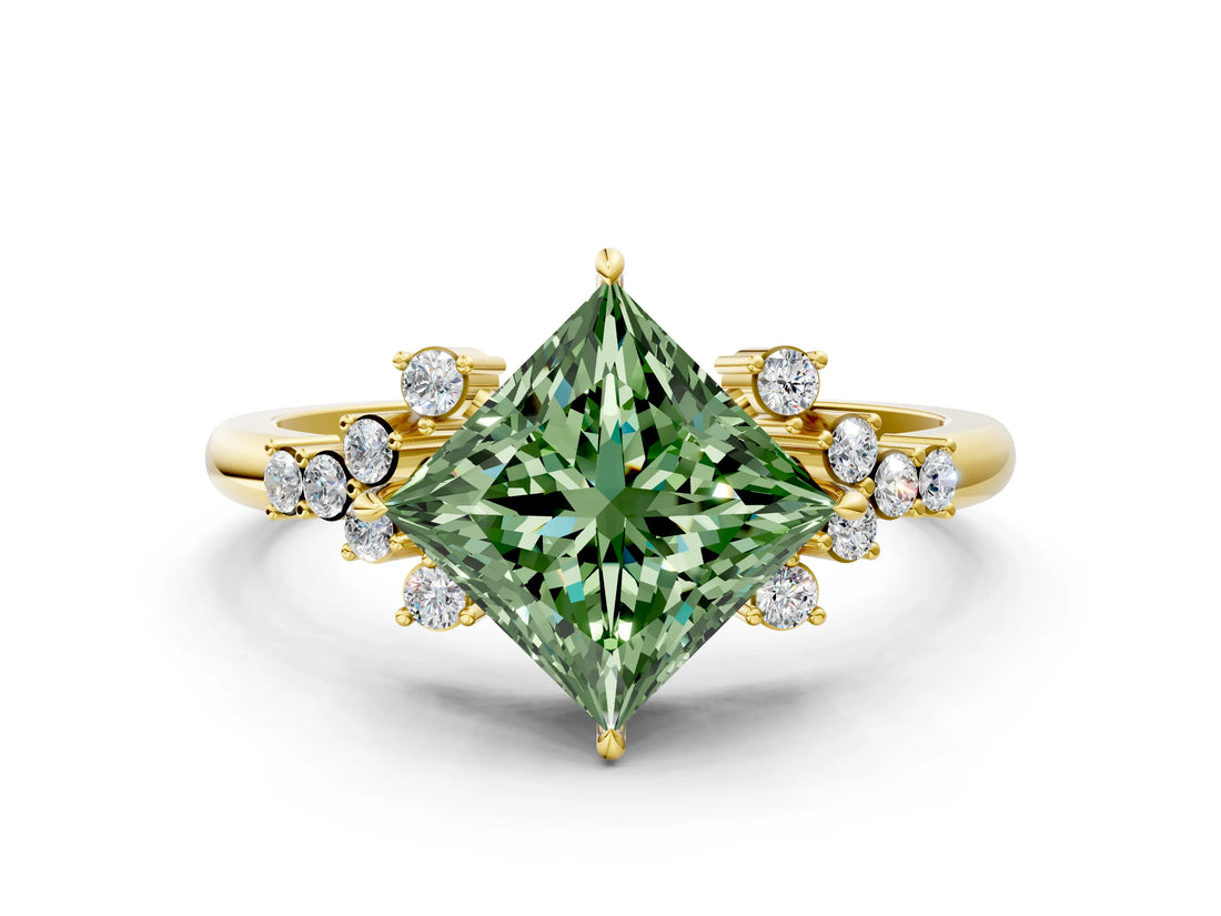 Yellow gold Fancy Green Princess Cut Diamond Ring with Side Stones and Four-Prong Setting_41