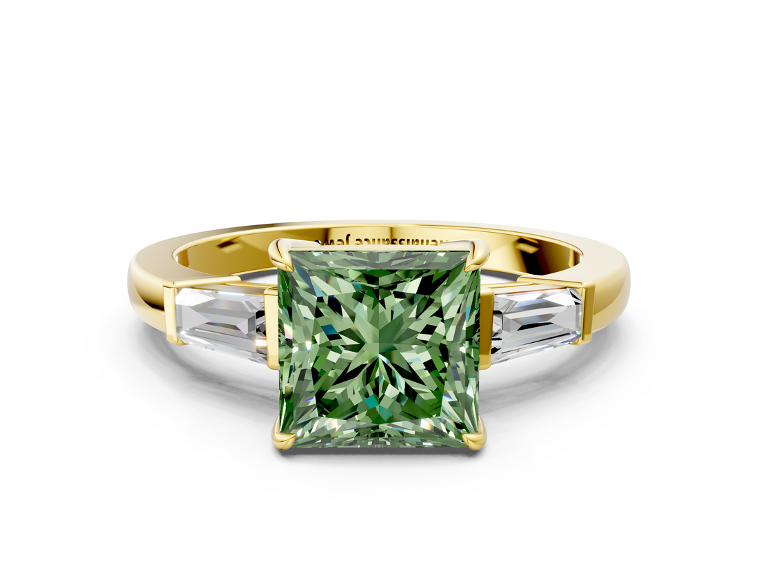 Yellow gold Fancy Green Princess  Cut Diamond Ring with Tapered Baguette Side Stones in Four-Prong Setting