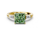 Yellow gold Fancy Green Princess  Cut Diamond Ring with Tapered Baguette Side Stones in Four-Prong Setting