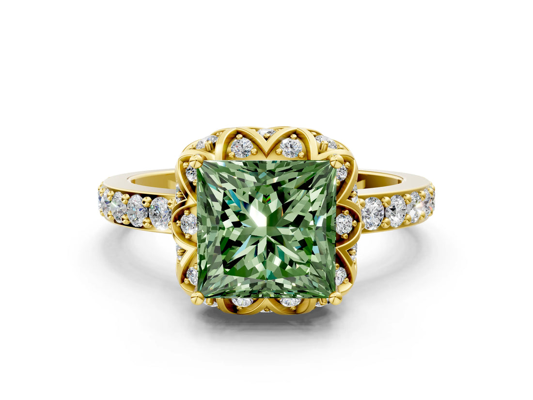 Yellow gold Fancy Green Princess Cut Diamond Scalloped Halo Engagement Ring with Round Shared Prong Band_12