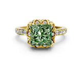 Yellow gold Fancy Green Princess Cut Diamond Scalloped Halo Engagement Ring with Round Shared Prong Band_12