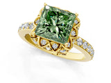 Yellow gold Fancy Green Princess Cut Diamond Scalloped Halo Engagement Ring with Round Shared Prong Band_13
