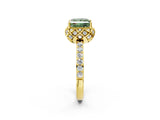 Yellow gold Fancy Green Princess Cut Diamond Scalloped Halo Engagement Ring with Round Shared Prong Band_14