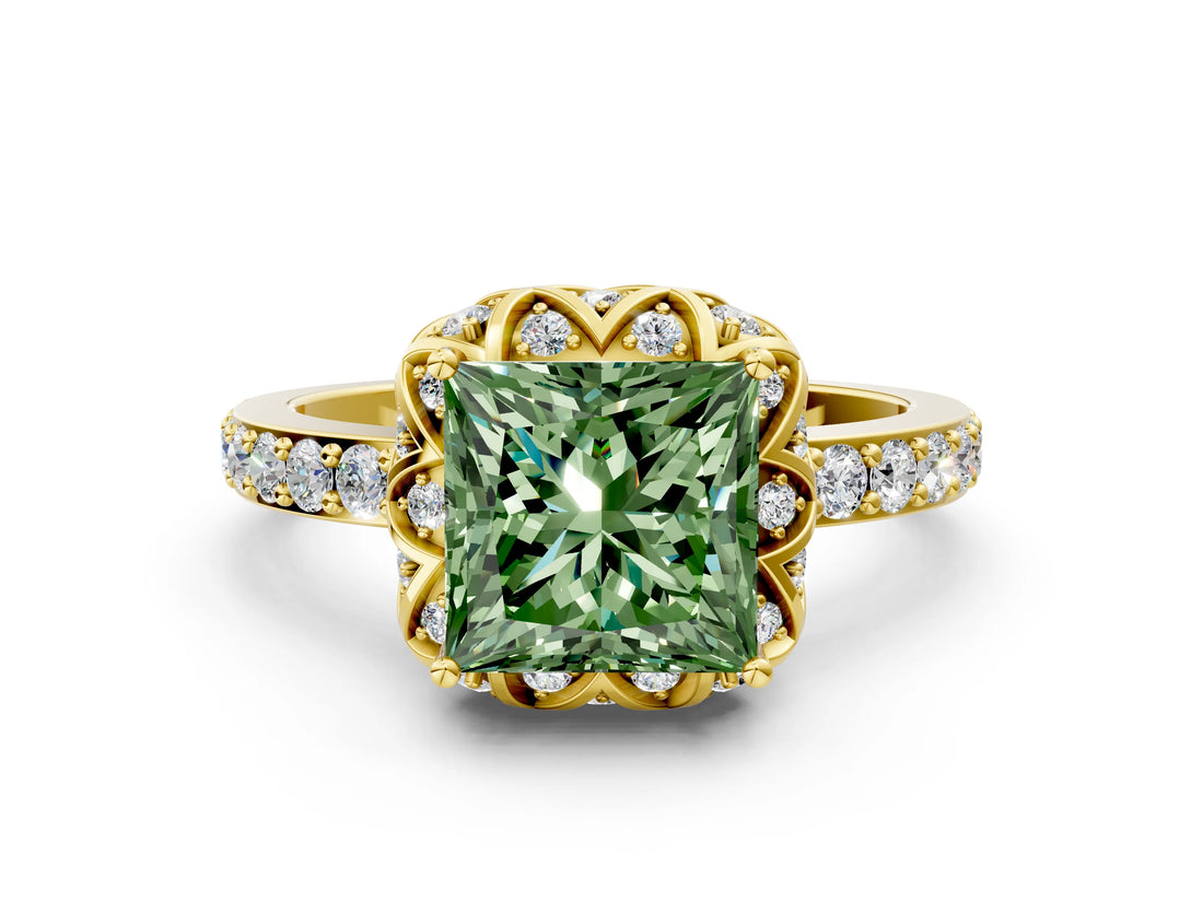 Yellow gold Fancy Green Princess Cut Diamond Scalloped Halo Engagement Ring with Round Shared Prong Band_24