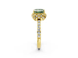 Yellow gold Fancy Green Princess Cut Diamond Scalloped Halo Engagement Ring with Round Shared Prong Band_26