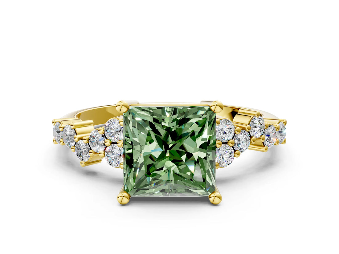 Yellow gold Fancy Green Princess Cut Diamond Scattered Round Accent Ring with Prong Setting_12