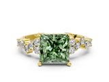 Yellow gold Fancy Green Princess Cut Diamond Scattered Round Accent Ring with Prong Setting_12