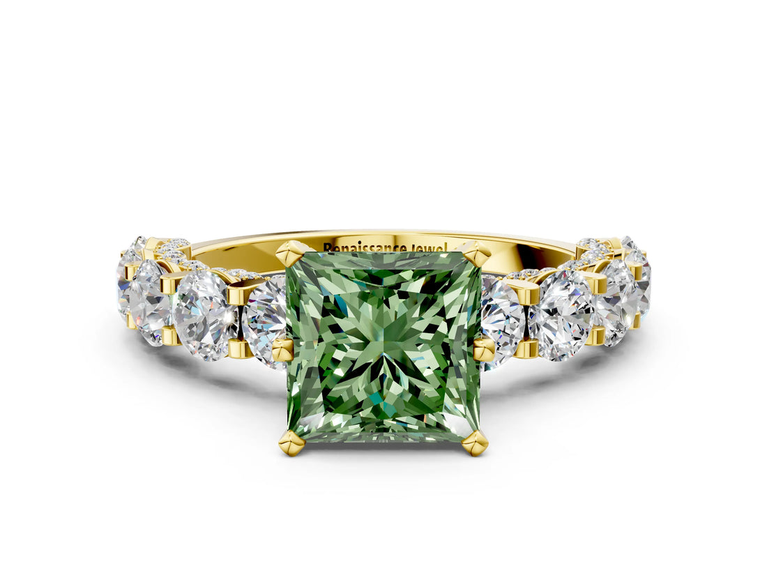 Yellow gold Fancy Green Princess Cut Diamond Side Stone Engagement Ring with Four-Prong Setting_24