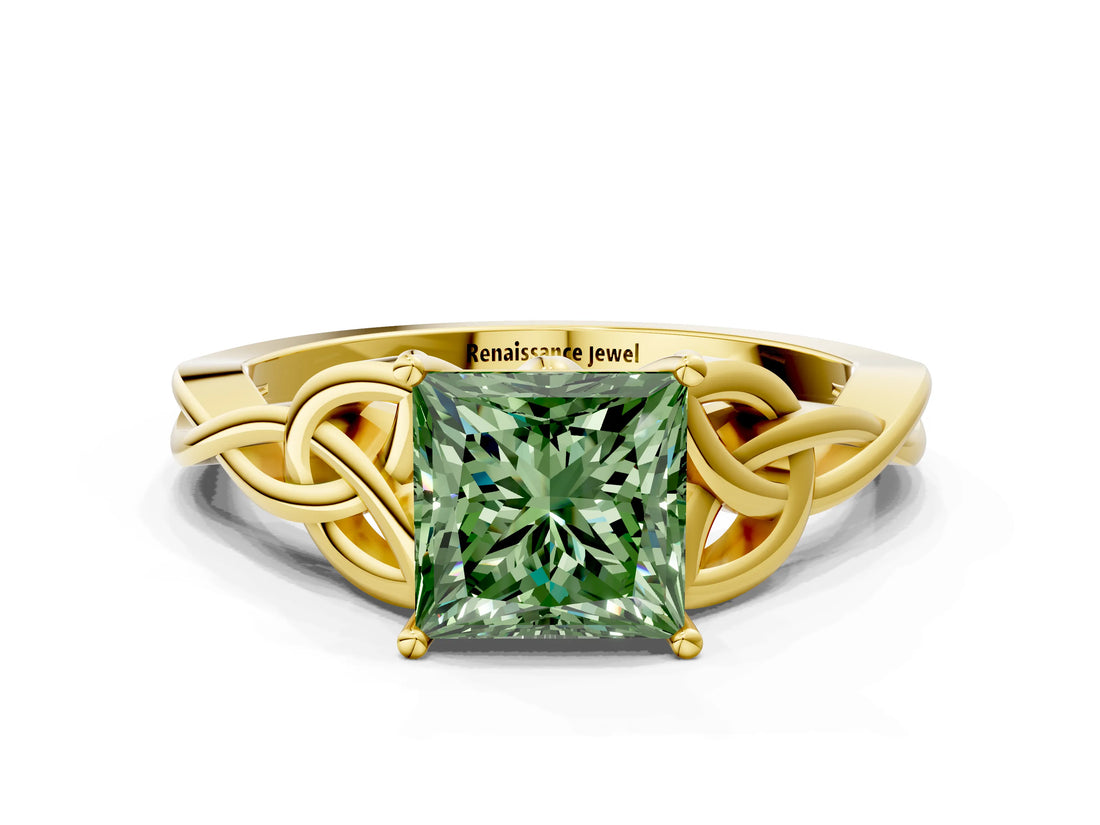 Yellow gold Fancy Green Princess Cut Diamond Solitaire Celtic Knot Ring with Four-Prong Setting_37