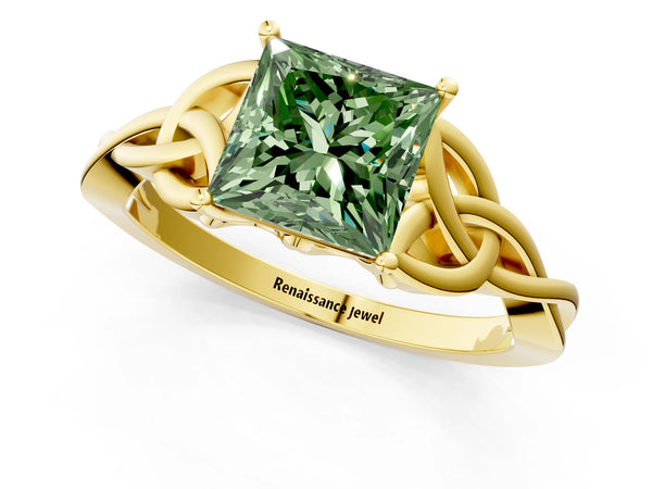 Yellow gold Fancy Green Princess Cut Diamond Solitaire Celtic Knot Ring with Four-Prong Setting