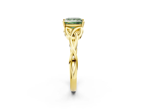 Yellow gold Fancy Green Princess Cut Diamond Solitaire Celtic Knot Ring with Four-Prong Setting