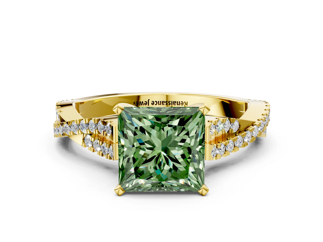 Yellow gold Fancy Green Princess Cut Diamond Solitaire Engagement Ring with Twisted Pavé Band and Four-Prong Setting_32