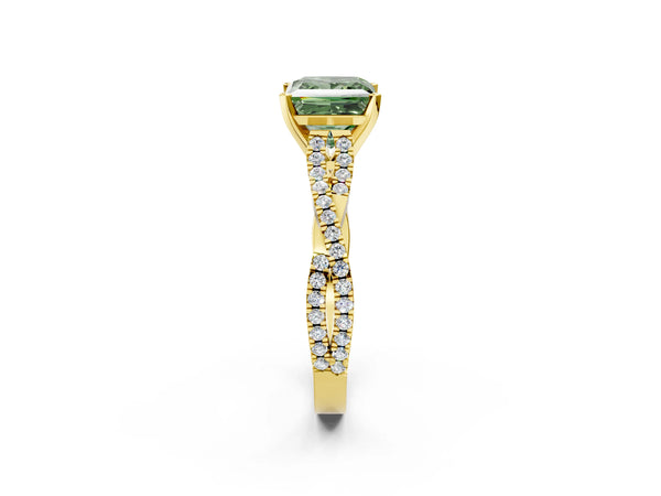 Yellow Gold Princess Cut Twisted Pave Engagement Ring Setting for Fancy Green Center