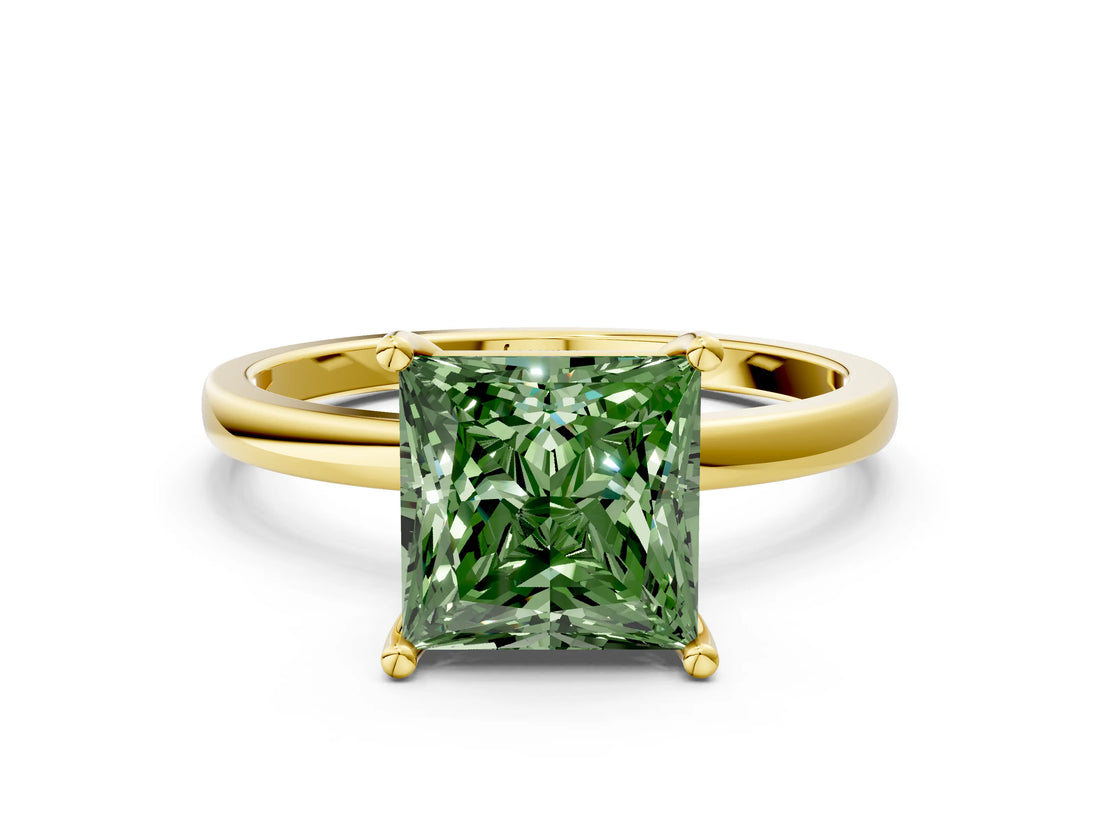 Yellow gold Fancy Green Princess Cut Diamond Solitaire Ring with Classic Band and Four-Prong Setting