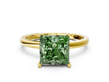Yellow gold Fancy Green Princess Cut Diamond Solitaire Ring with Classic Band and Four-Prong Setting